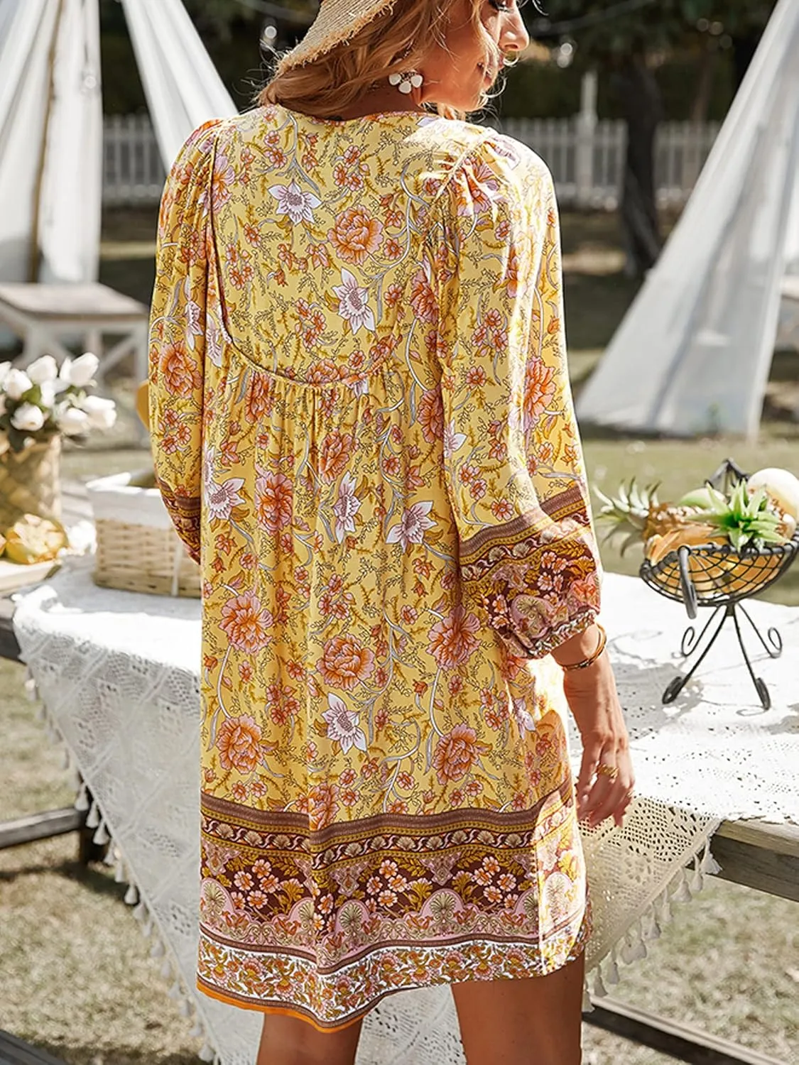 Women Casual Spring Summer Dresses V Neck 3/4 Long Sleeve Ruffle Floral Flowy Boho Babydoll Mini Short Beach Dress