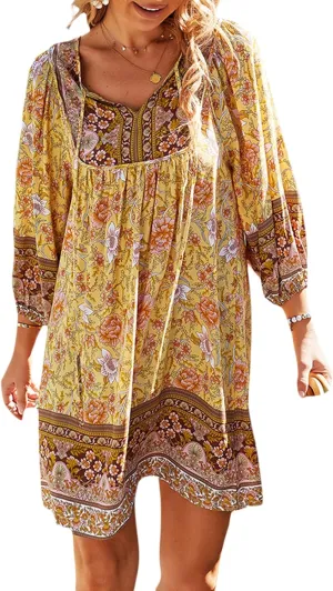 Women Casual Spring Summer Dresses V Neck 3/4 Long Sleeve Ruffle Floral Flowy Boho Babydoll Mini Short Beach Dress