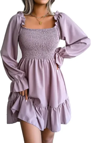 Women Fall Dresses Long Lantern Sleeve Square Neck Ruffle Elastic Waist Casual Mini Dress Flowy Short Dresses