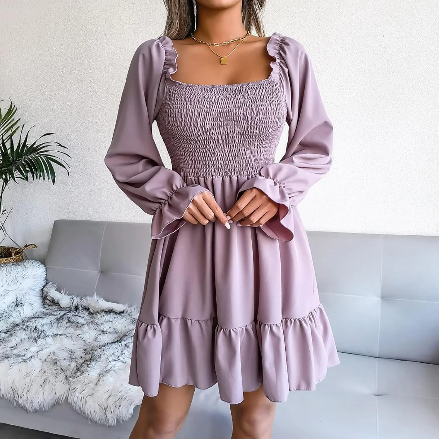 Women Fall Dresses Long Lantern Sleeve Square Neck Ruffle Elastic Waist Casual Mini Dress Flowy Short Dresses