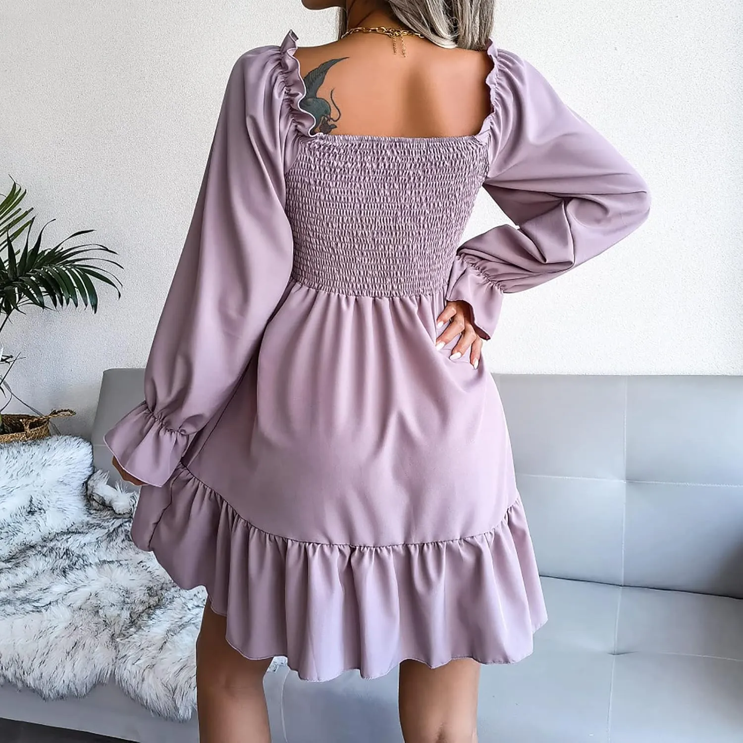 Women Fall Dresses Long Lantern Sleeve Square Neck Ruffle Elastic Waist Casual Mini Dress Flowy Short Dresses