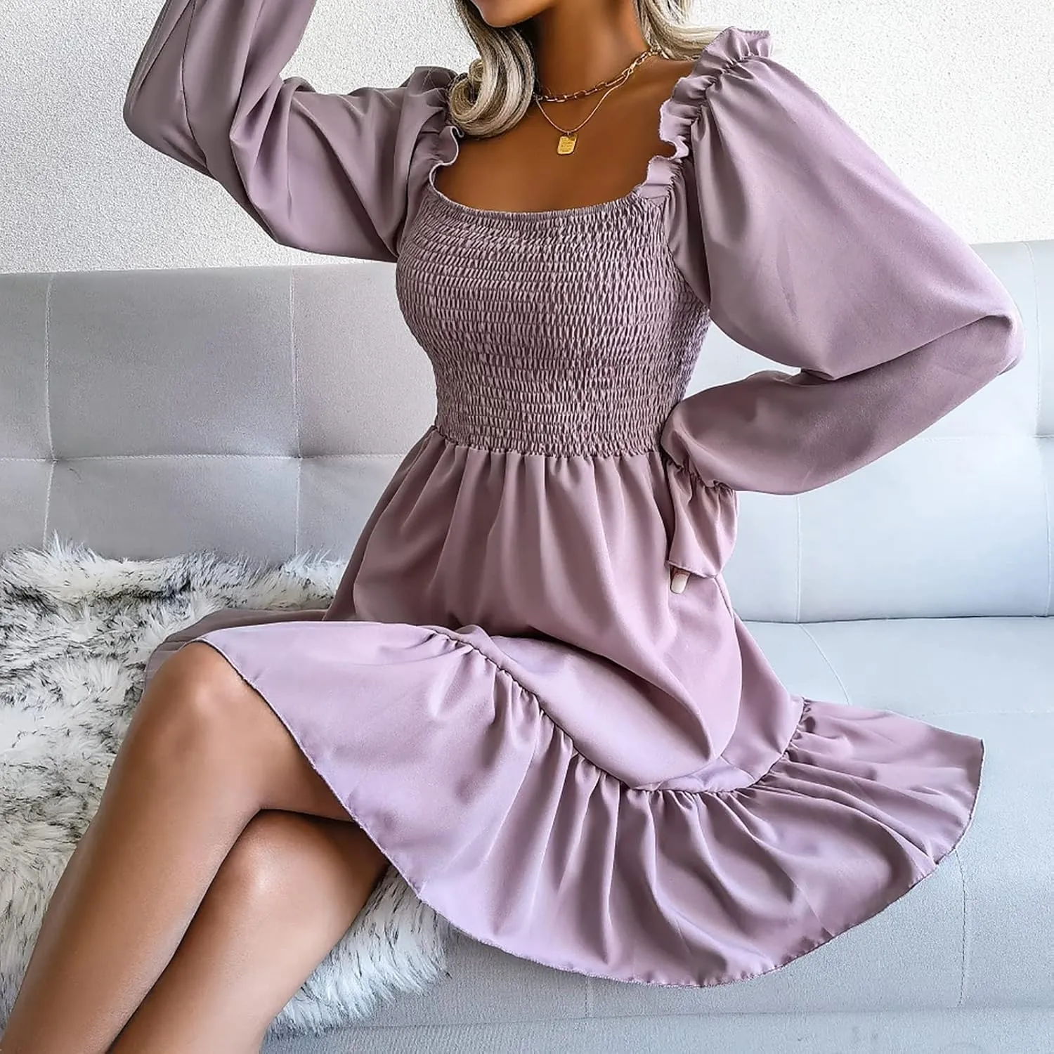 Women Fall Dresses Long Lantern Sleeve Square Neck Ruffle Elastic Waist Casual Mini Dress Flowy Short Dresses