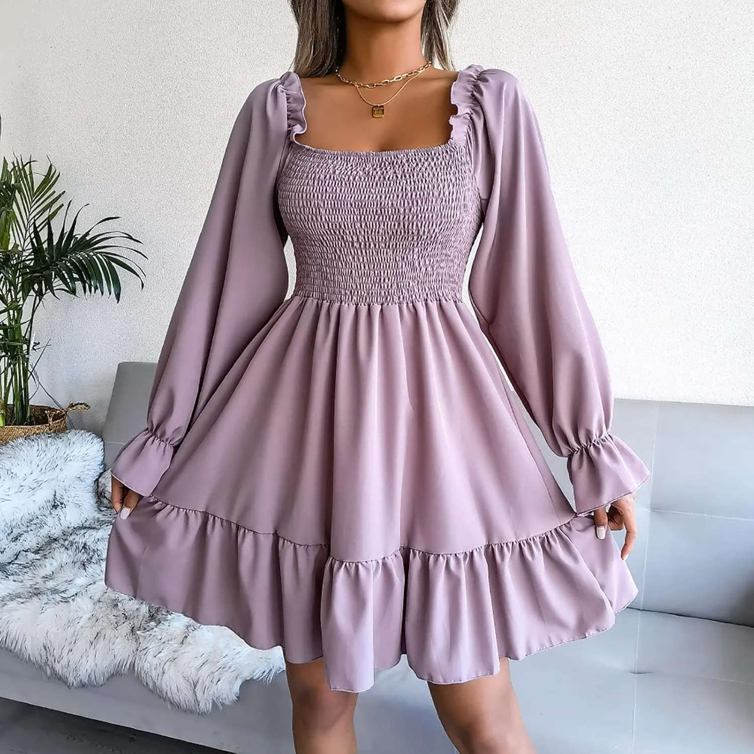 Women Fall Dresses Long Lantern Sleeve Square Neck Ruffle Elastic Waist Casual Mini Dress Flowy Short Dresses