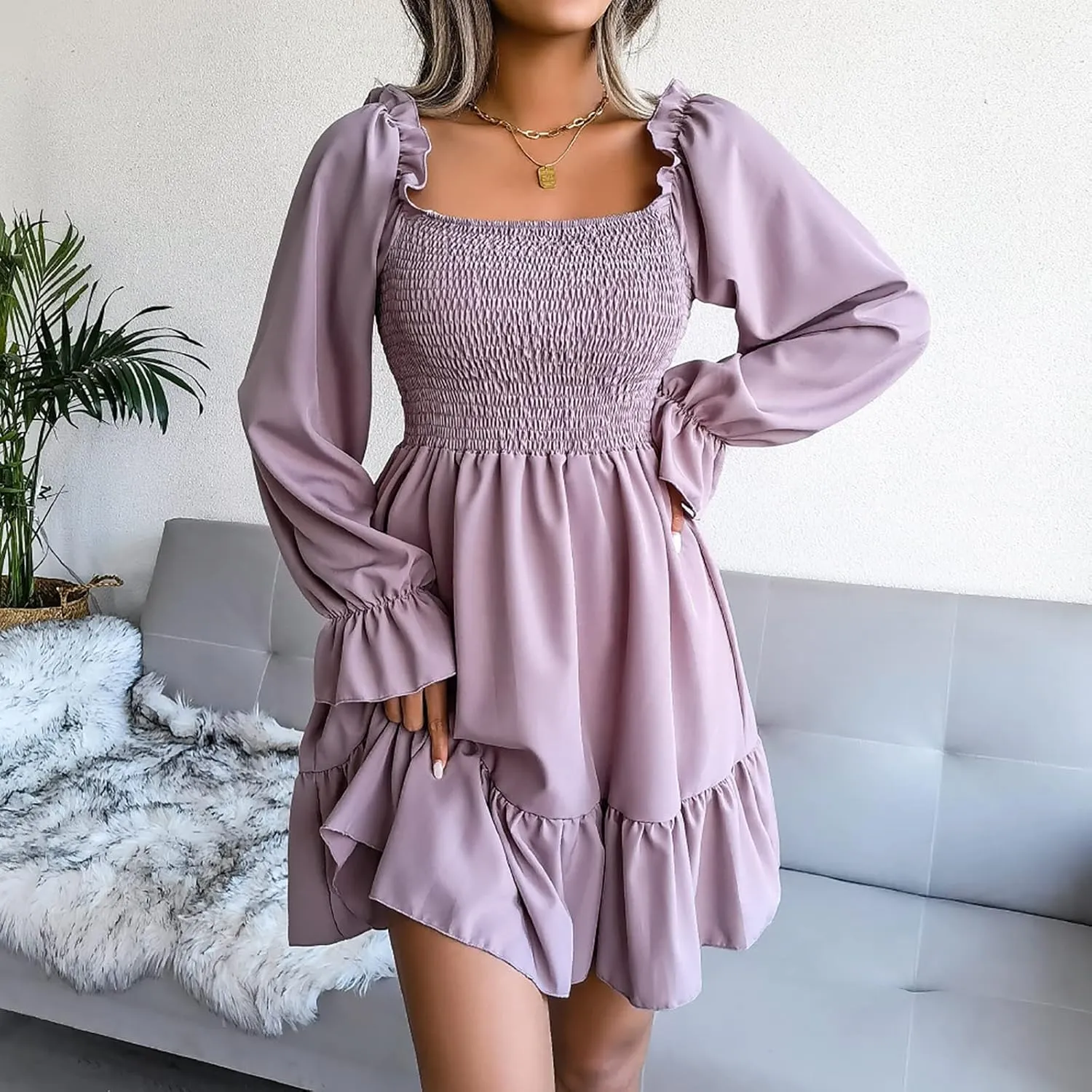 Women Fall Dresses Long Lantern Sleeve Square Neck Ruffle Elastic Waist Casual Mini Dress Flowy Short Dresses