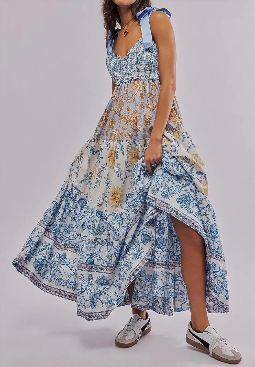 Women Floral Maxi Dress Sleeveless Tie Shoulder Bohemian Smocked Flowy Dress Bridesmaid Boho Summer Y2K Sundress with Pockets