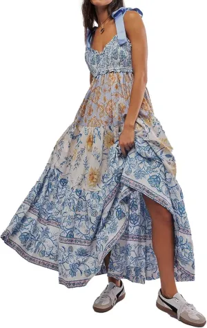 Women Floral Maxi Dress Sleeveless Tie Shoulder Bohemian Smocked Flowy Dress Bridesmaid Boho Summer Y2K Sundress with Pockets