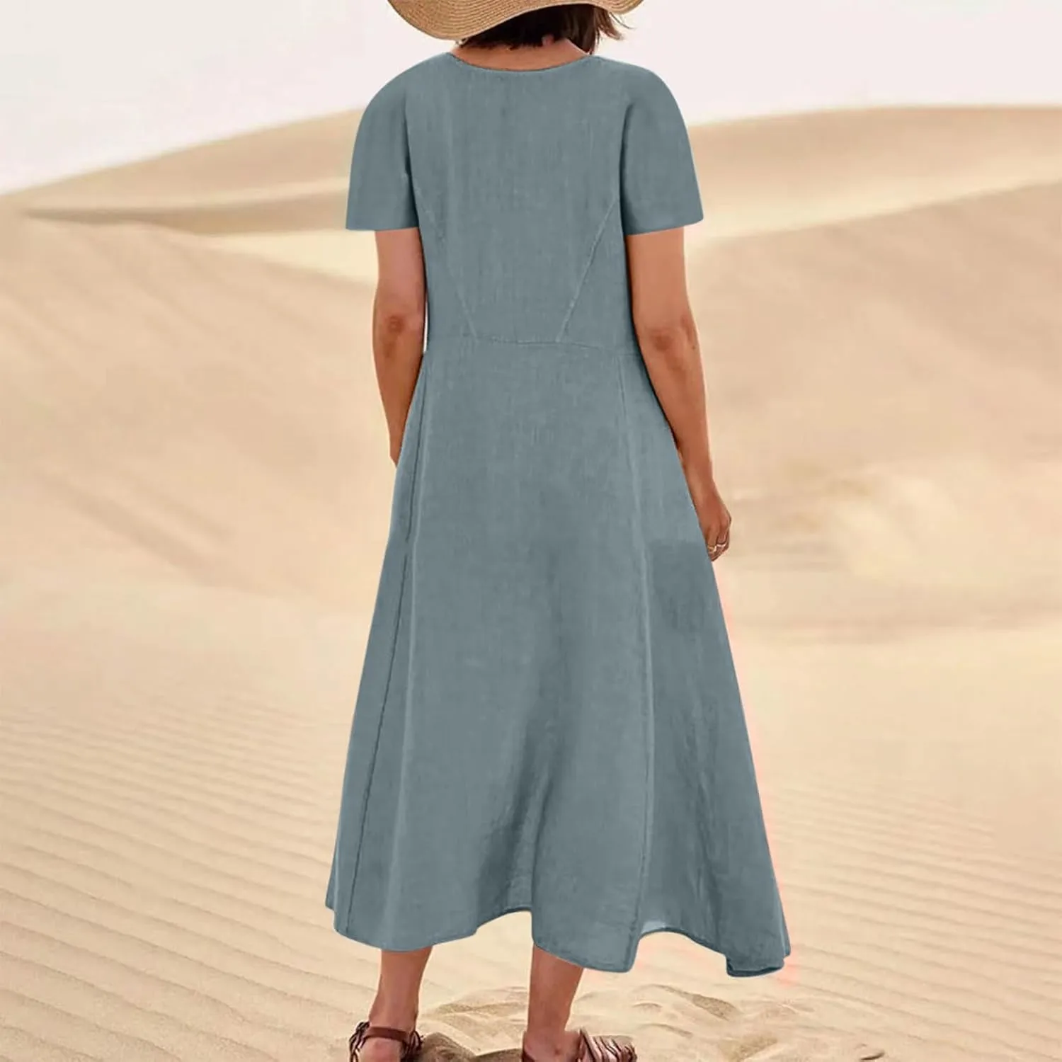 Women Flowy Cotton Linen Midi Dress Short Sleeve Casual Summer Dresses A Line Beach Dresses with Pockets