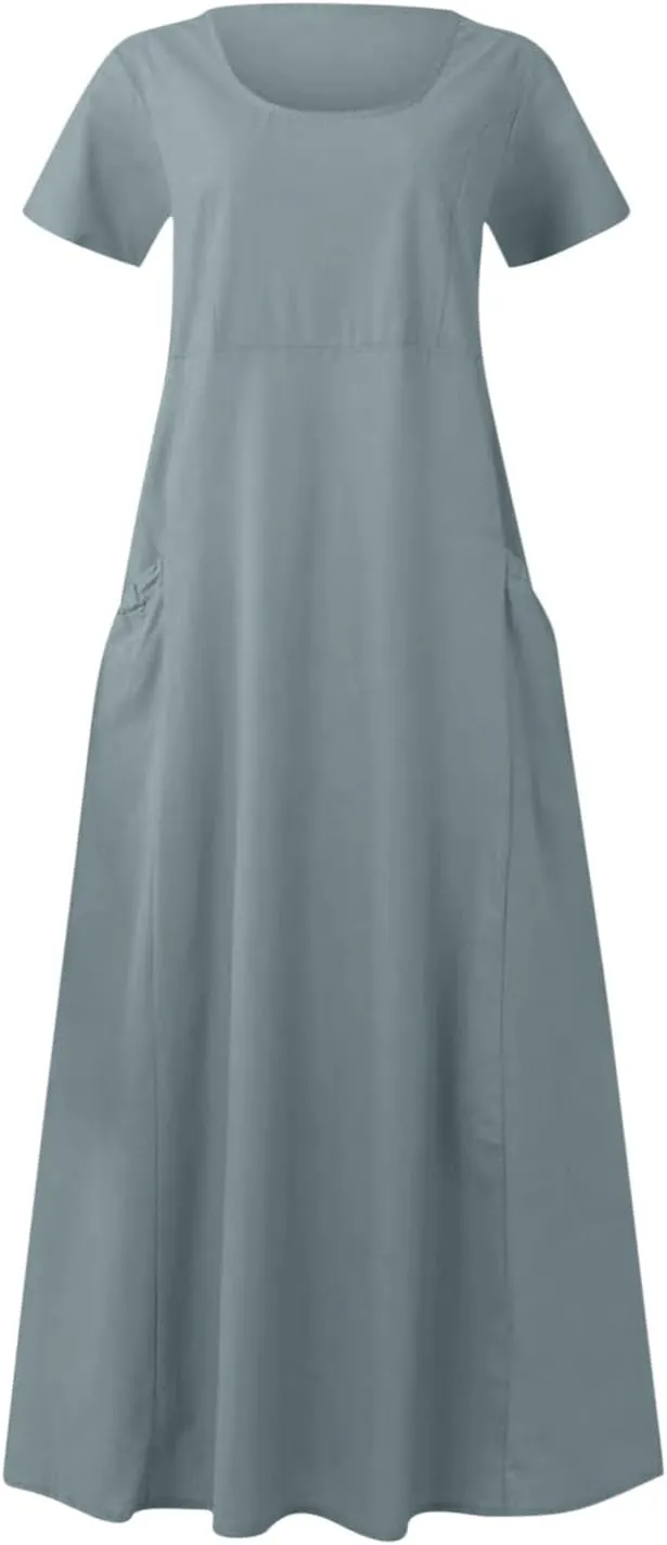 Women Flowy Cotton Linen Midi Dress Short Sleeve Casual Summer Dresses A Line Beach Dresses with Pockets