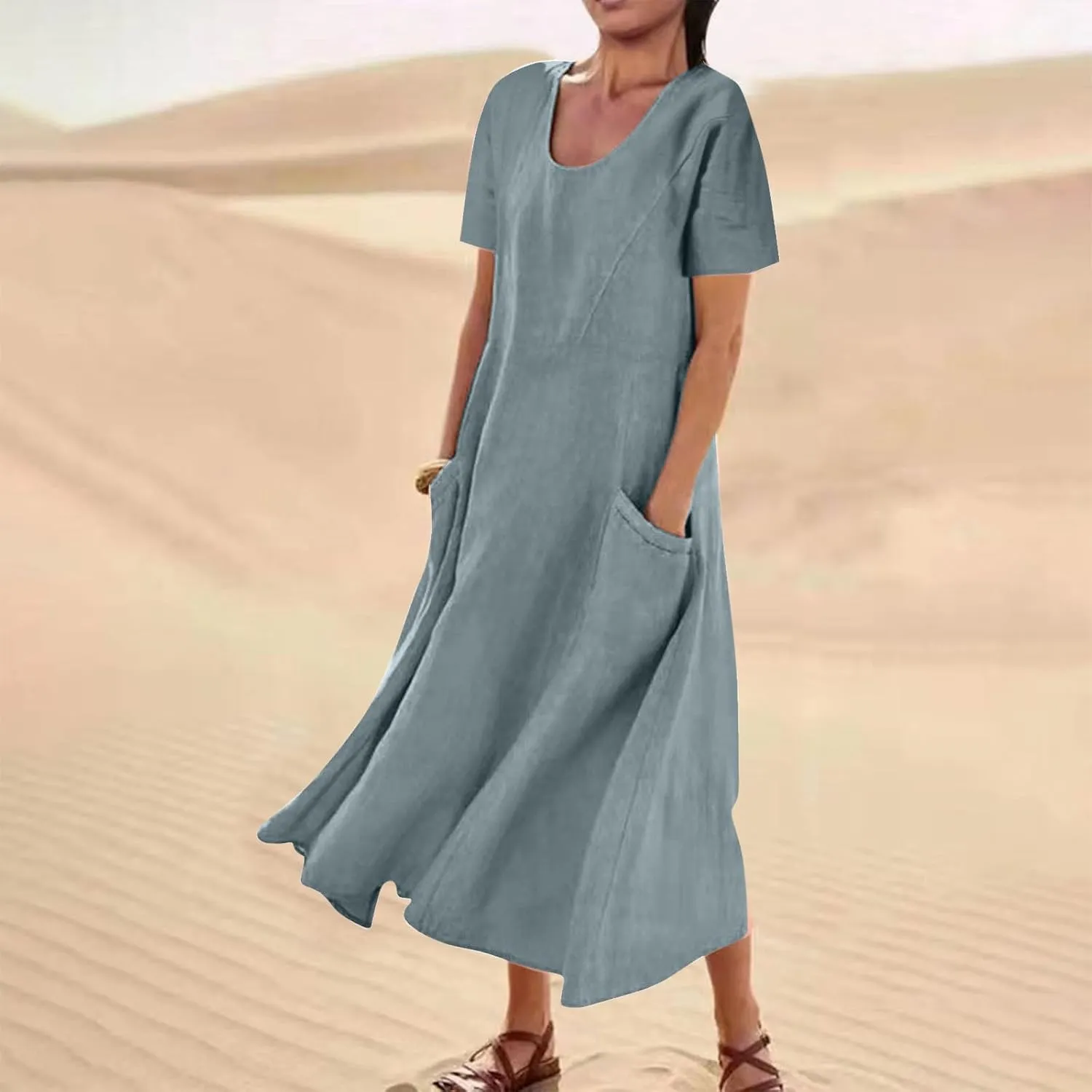 Women Flowy Cotton Linen Midi Dress Short Sleeve Casual Summer Dresses A Line Beach Dresses with Pockets