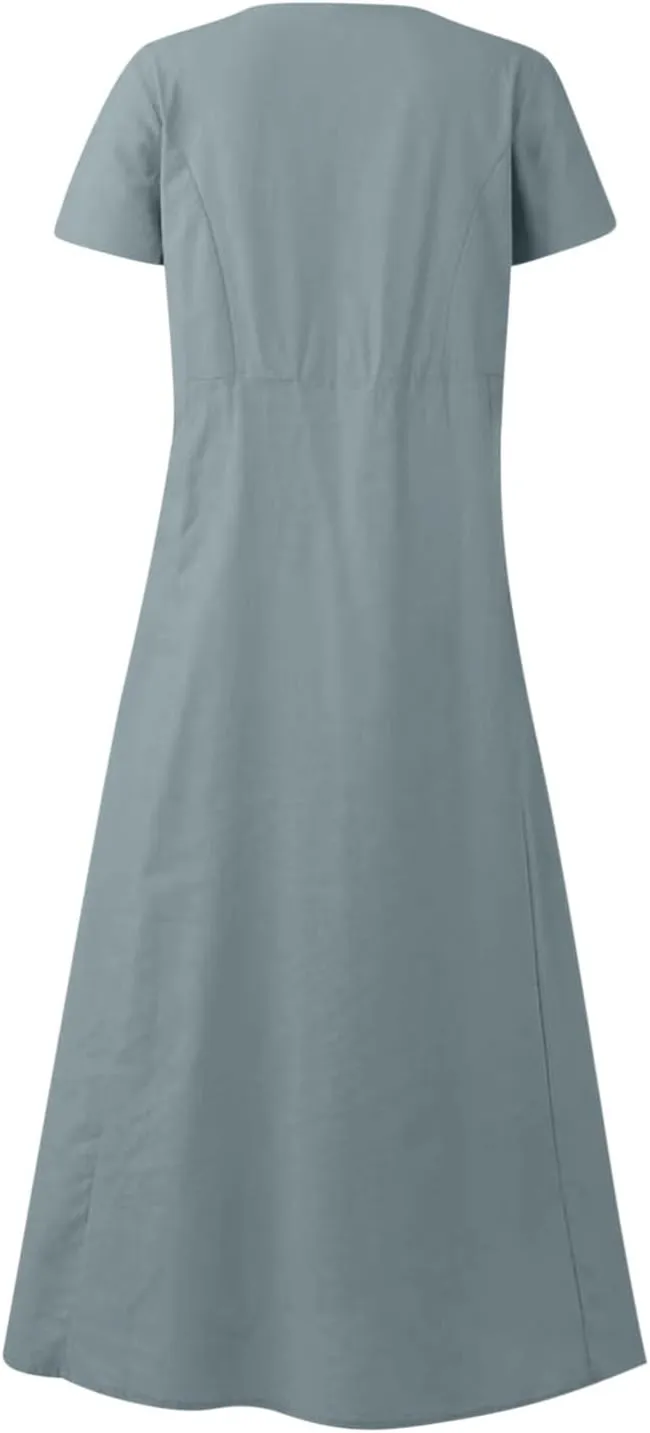Women Flowy Cotton Linen Midi Dress Short Sleeve Casual Summer Dresses A Line Beach Dresses with Pockets
