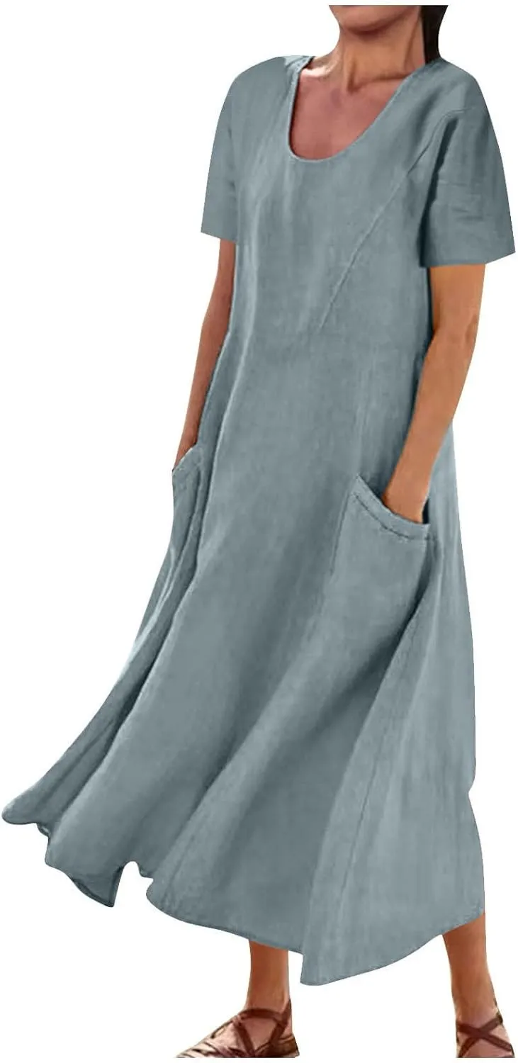 Women Flowy Cotton Linen Midi Dress Short Sleeve Casual Summer Dresses A Line Beach Dresses with Pockets
