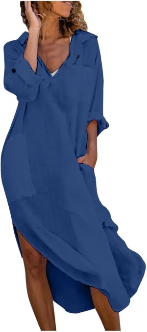 Women Lightweight Shirt Dresses Button Down Split Cover Up Dress Summer Beach Cotton Linen Sundress 2025 Trendy