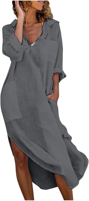 Women Lightweight Shirt Dresses Button Down Split Cover Up Dress Summer Beach Cotton Linen Sundress 2025 Trendy