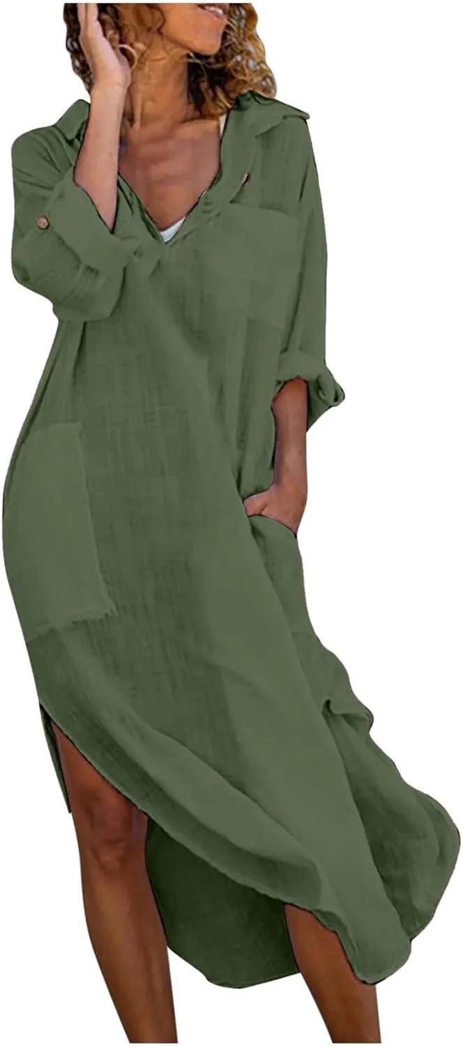 Women Lightweight Shirt Dresses Button Down Split Cover Up Dress Summer Beach Cotton Linen Sundress 2025 Trendy
