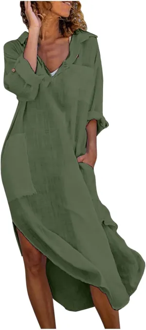 Women Lightweight Shirt Dresses Button Down Split Cover Up Dress Summer Beach Cotton Linen Sundress 2025 Trendy