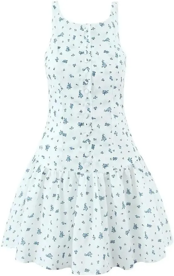Women O-Neck Floral Print Tank Dress Front Buttons Sleeveless A-Line Holiday Mini Dresses