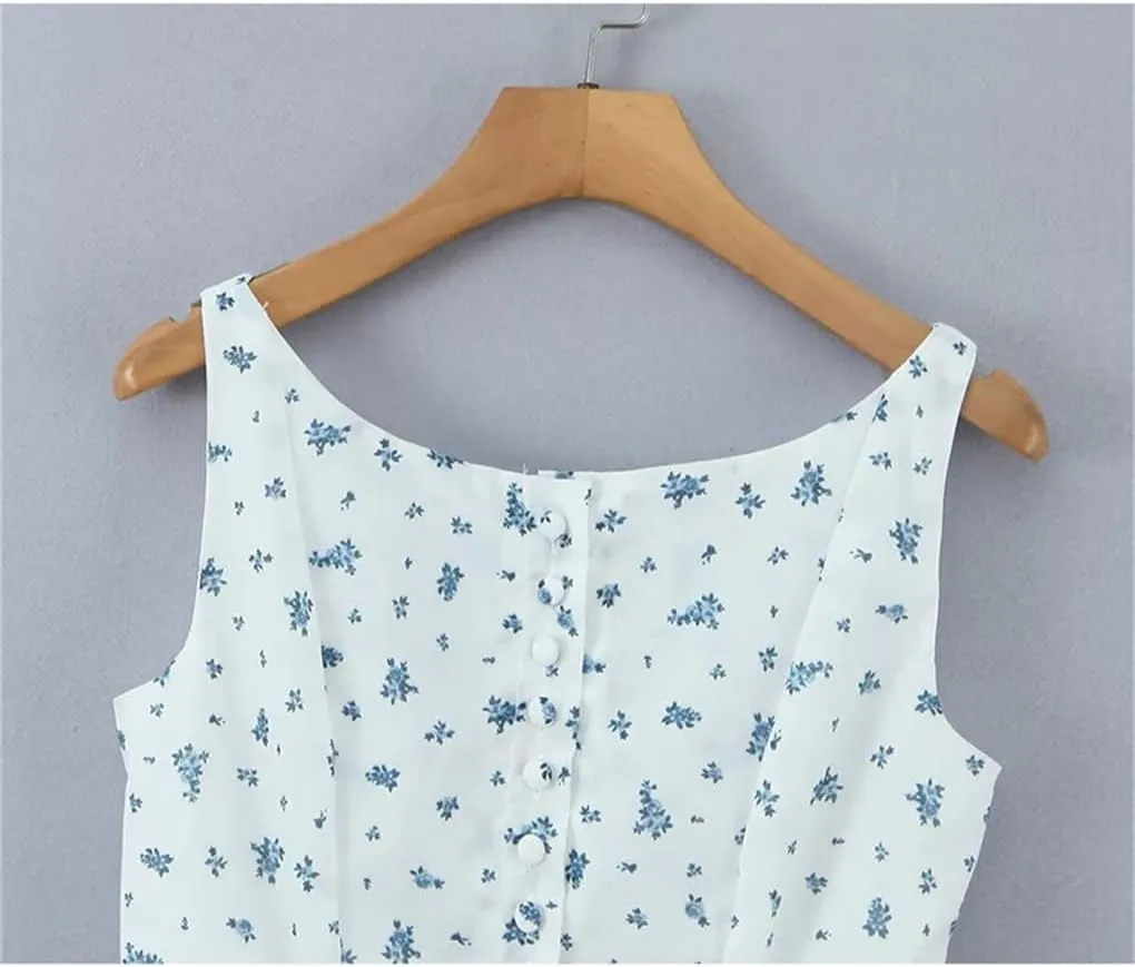 Women O-Neck Floral Print Tank Dress Front Buttons Sleeveless A-Line Holiday Mini Dresses