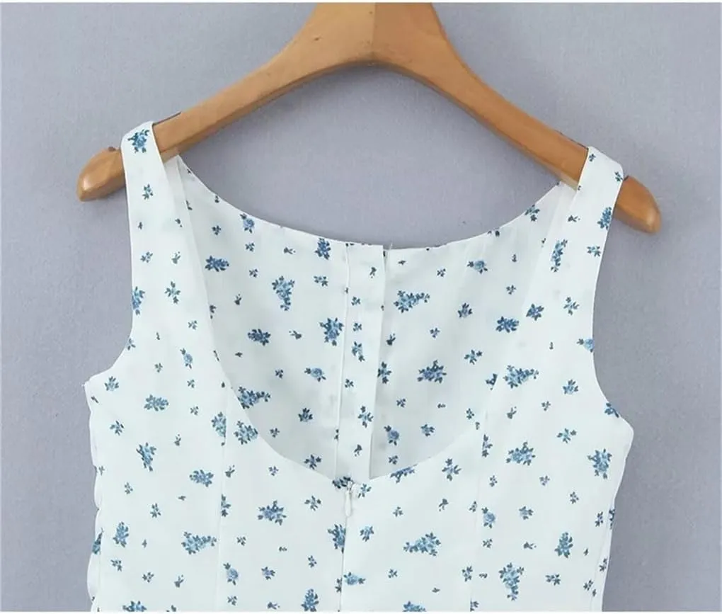 Women O-Neck Floral Print Tank Dress Front Buttons Sleeveless A-Line Holiday Mini Dresses