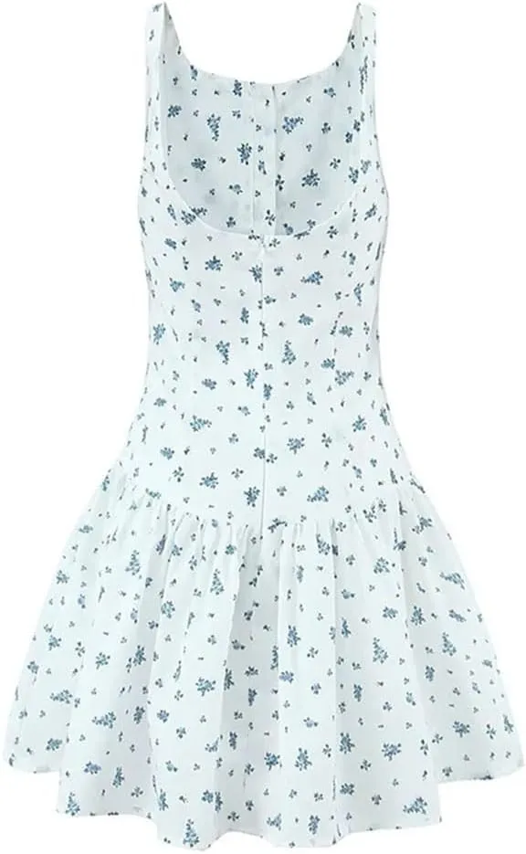 Women O-Neck Floral Print Tank Dress Front Buttons Sleeveless A-Line Holiday Mini Dresses