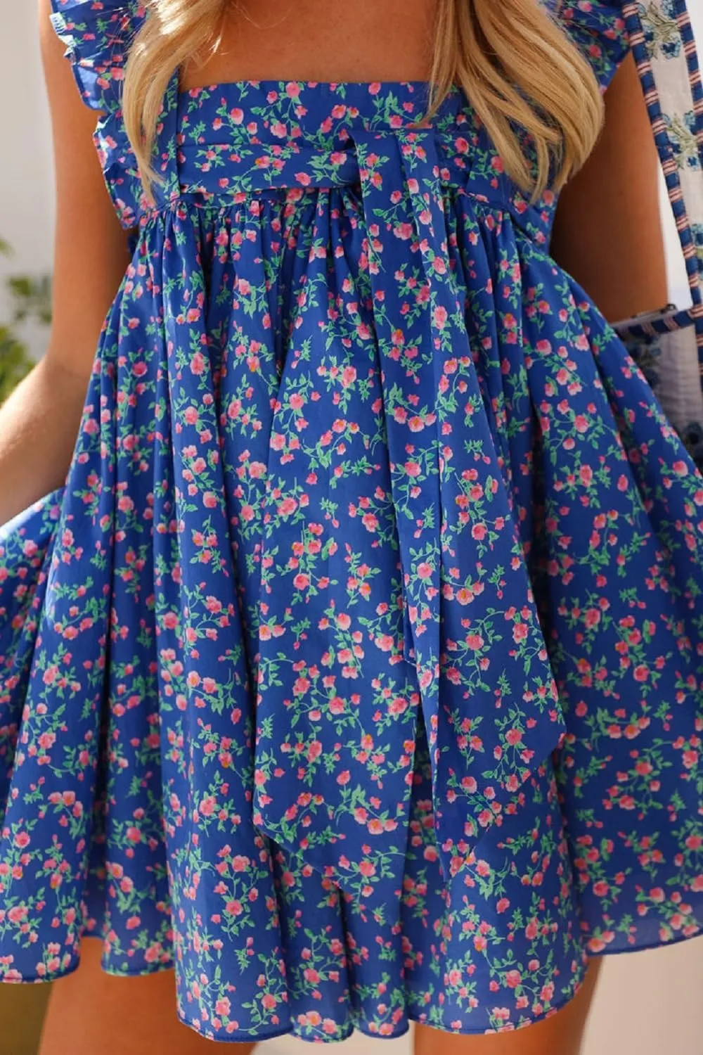 Women Ruffle Trim Babydoll Mini Dress Cute Bow Tie Flowy Sundress Loose Sling Dress Floral Going Out Dresses