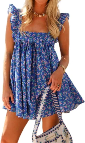 Women Ruffle Trim Babydoll Mini Dress Cute Bow Tie Flowy Sundress Loose Sling Dress Floral Going Out Dresses