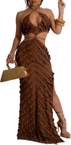 Women Sexy Boho Flowy A-line Maxi Dress Halter Sleeveless Crop Top High Waist Midi Skirts Casual Going Out Sundress