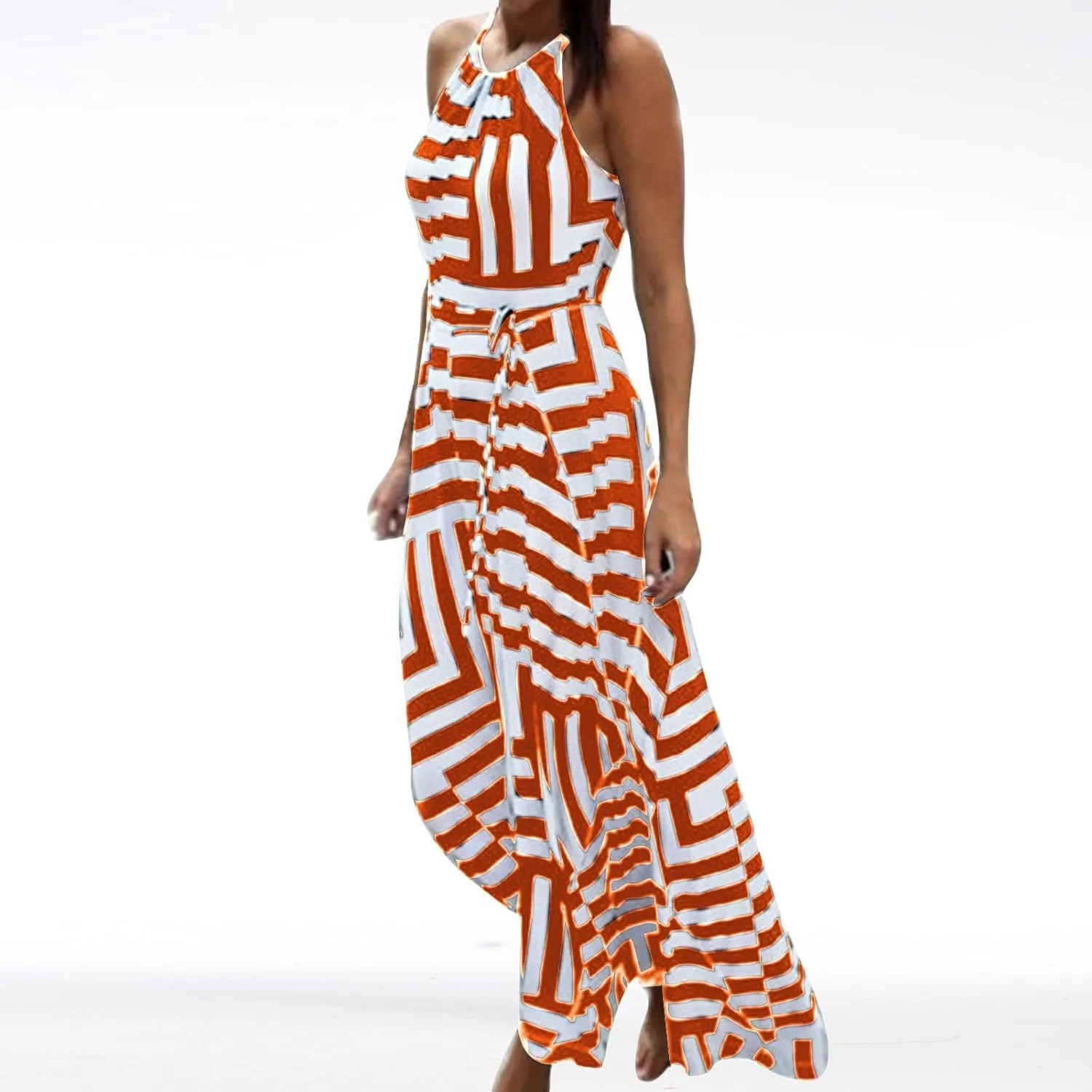 Women Spaghetti Strap Striped Sundress Sleeveless Tie Waist Maxi Dress Summer Smocked Flowy Trendy Boho Dresses 2024