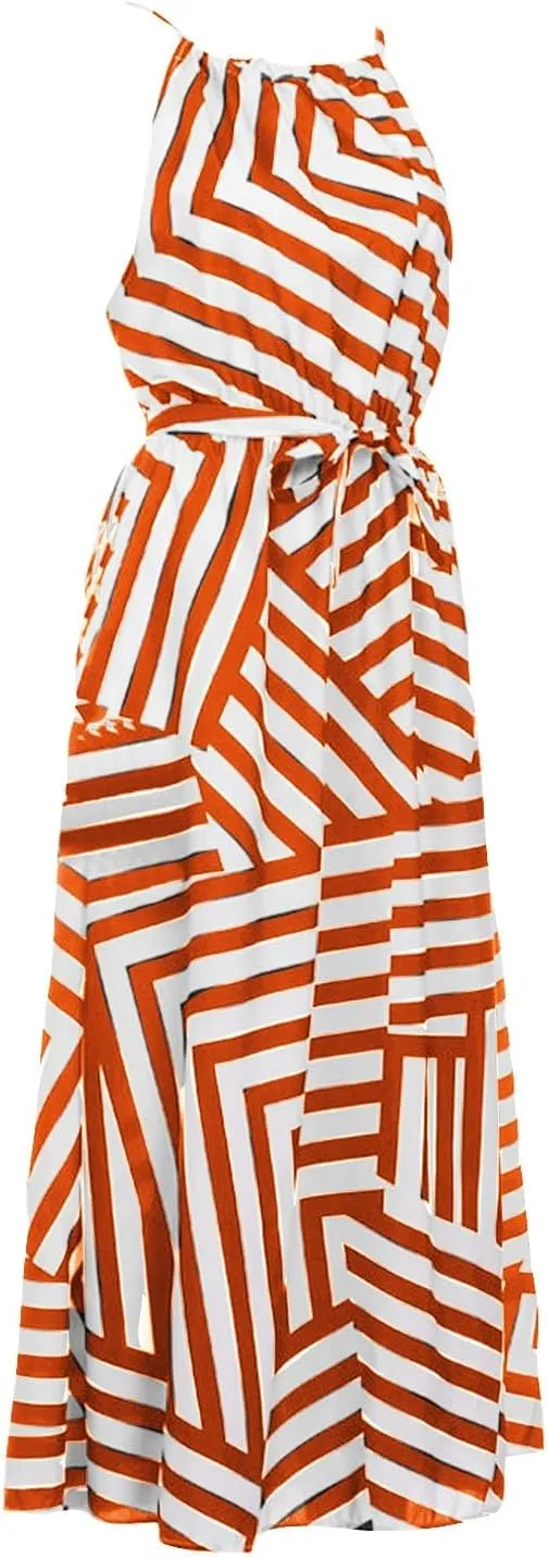 Women Spaghetti Strap Striped Sundress Sleeveless Tie Waist Maxi Dress Summer Smocked Flowy Trendy Boho Dresses 2024