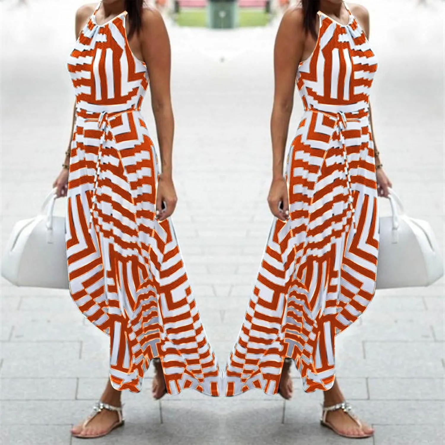 Women Spaghetti Strap Striped Sundress Sleeveless Tie Waist Maxi Dress Summer Smocked Flowy Trendy Boho Dresses 2024