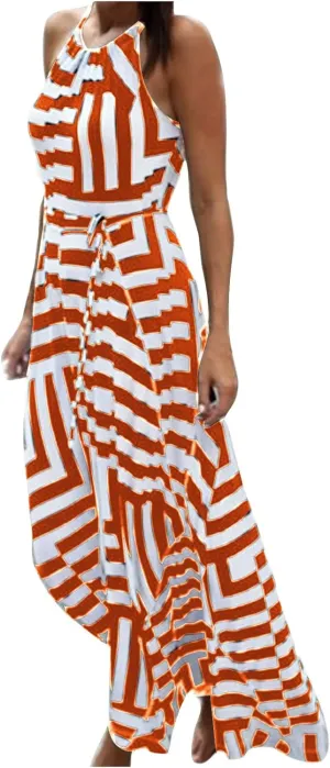 Women Spaghetti Strap Striped Sundress Sleeveless Tie Waist Maxi Dress Summer Smocked Flowy Trendy Boho Dresses 2024