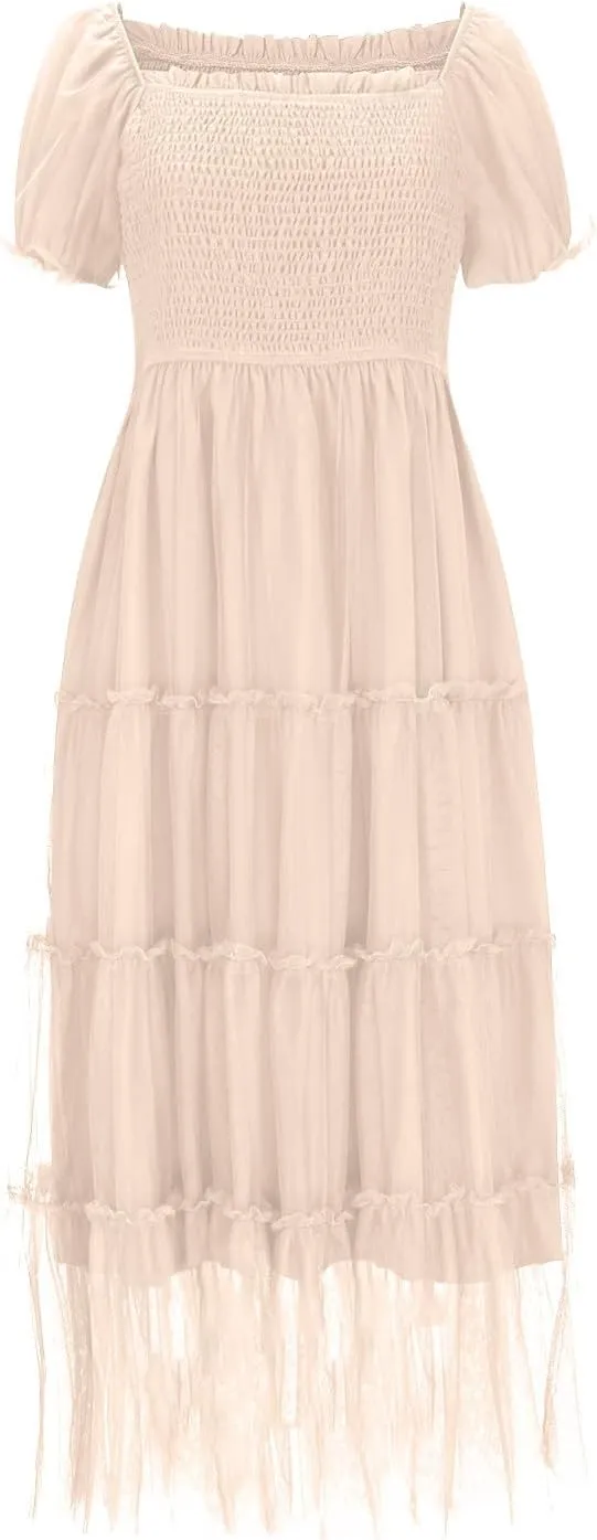 Women Summer 2025 Casual Maxi Dresses Trendy Lightweight Short Sleeve V Neck Elastic Waist Boho Beach Sundress Clothes