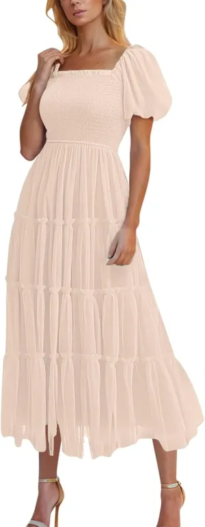 Women Summer 2025 Casual Maxi Dresses Trendy Lightweight Short Sleeve V Neck Elastic Waist Boho Beach Sundress Clothes