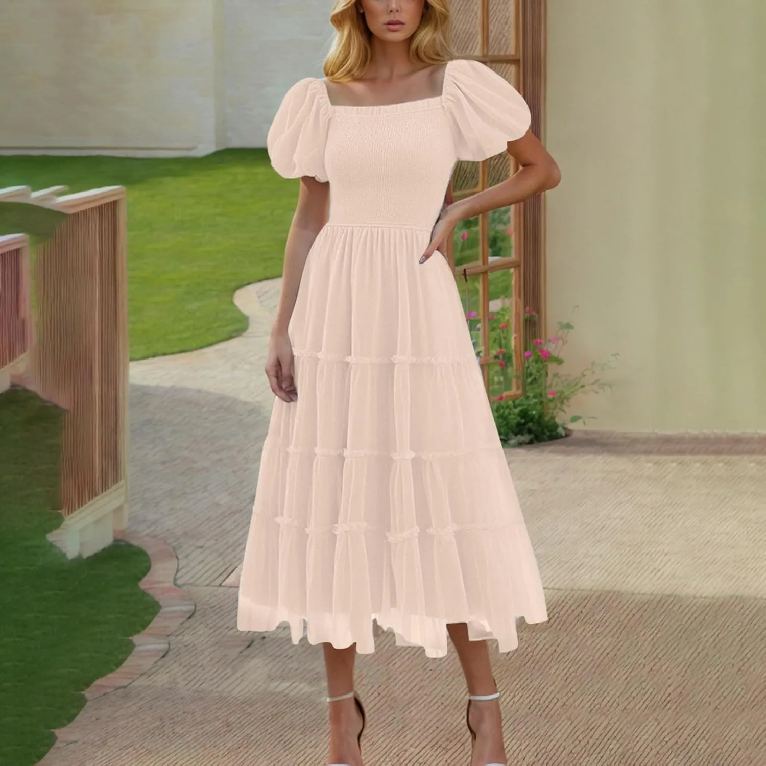 Women Summer 2025 Casual Maxi Dresses Trendy Lightweight Short Sleeve V Neck Elastic Waist Boho Beach Sundress Clothes