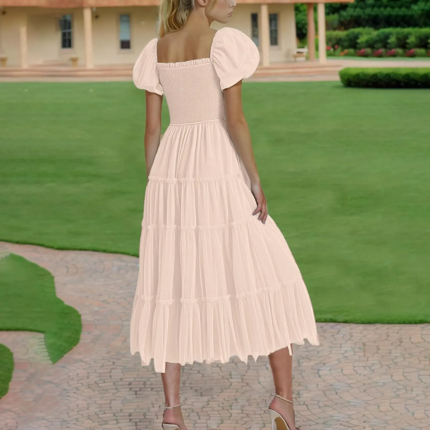 Women Summer 2025 Casual Maxi Dresses Trendy Lightweight Short Sleeve V Neck Elastic Waist Boho Beach Sundress Clothes