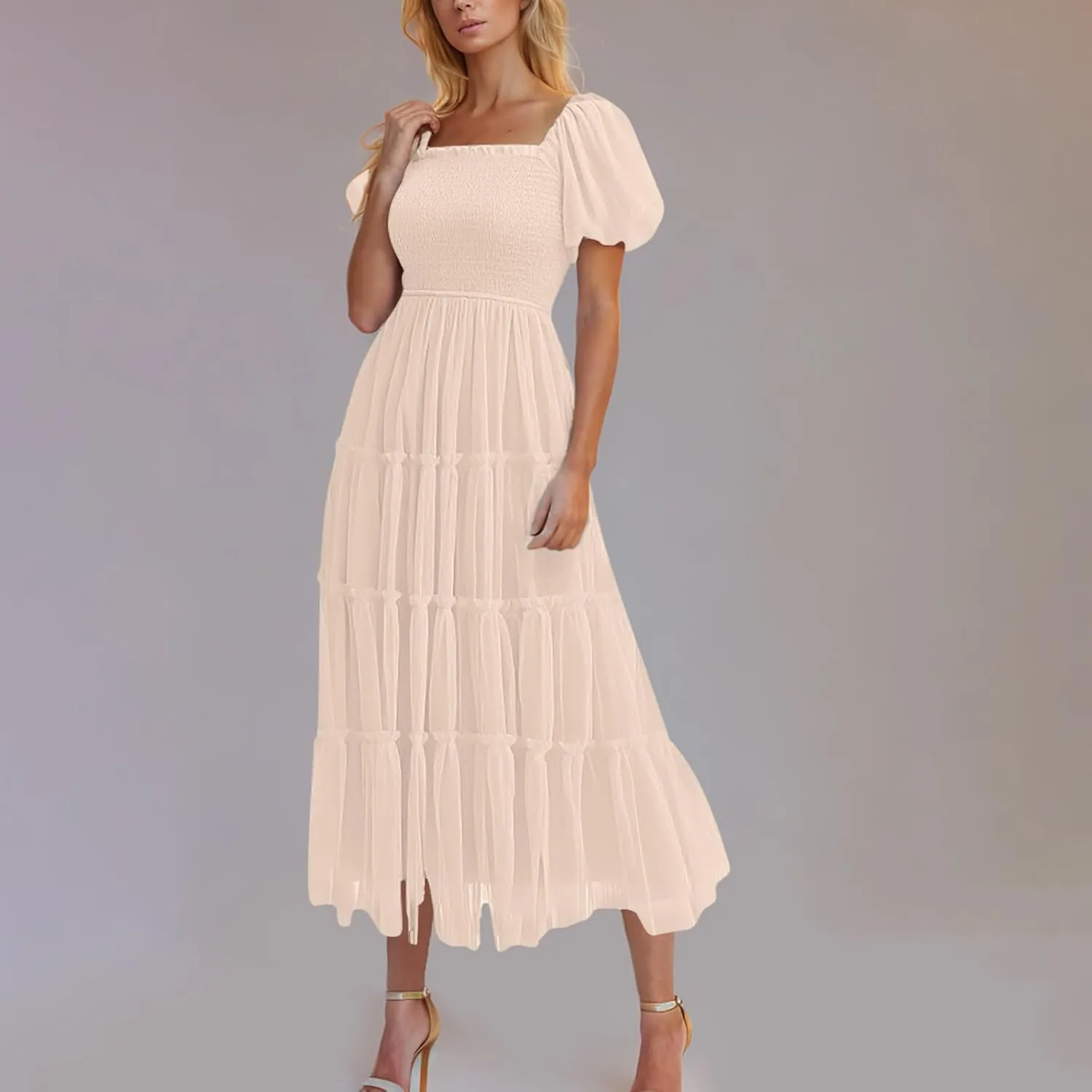 Women Summer 2025 Casual Maxi Dresses Trendy Lightweight Short Sleeve V Neck Elastic Waist Boho Beach Sundress Clothes