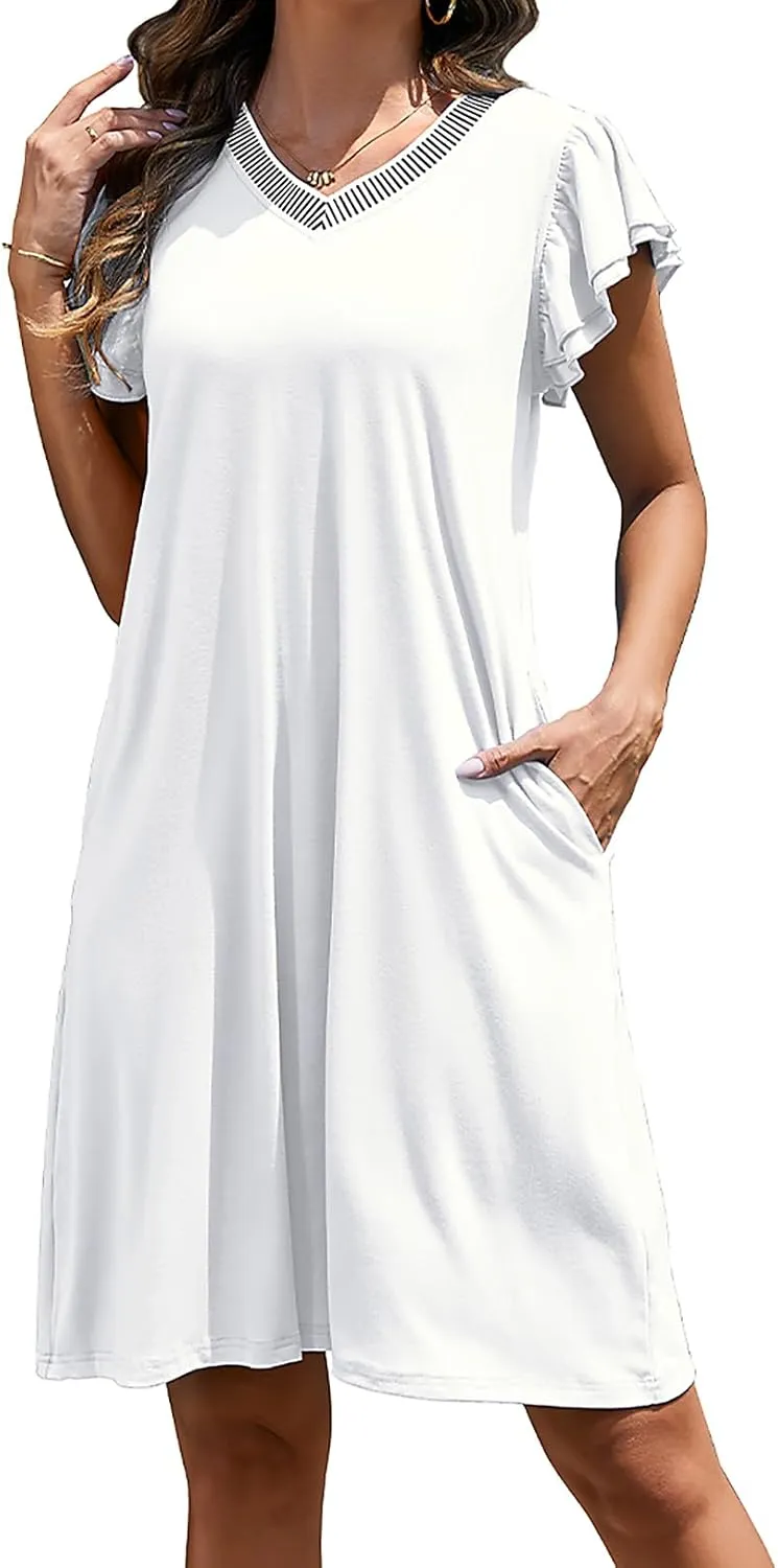Women Summer Dresses 2025 Ruffle Sleeve Casual Sundress Color Block V Neck Coverup Mini Beach Dress with Pockets