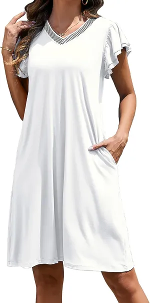 Women Summer Dresses 2025 Ruffle Sleeve Casual Sundress Color Block V Neck Coverup Mini Beach Dress with Pockets