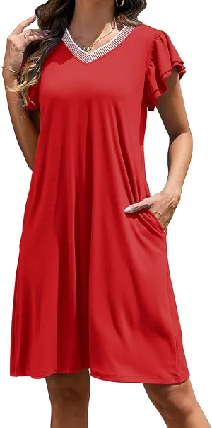 Women Summer Dresses 2025 Ruffle Sleeve Casual Sundress Color Block V Neck Coverup Mini Beach Dress with Pockets