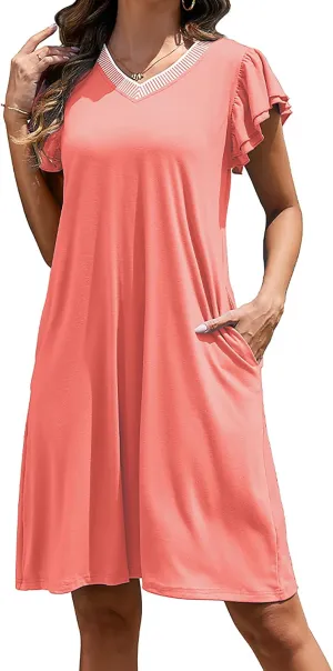 Women Summer Dresses 2025 Ruffle Sleeve Casual Sundress Color Block V Neck Coverup Mini Beach Dress with Pockets