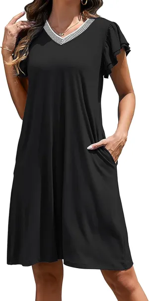 Women Summer Dresses 2025 Ruffle Sleeve Casual Sundress Color Block V Neck Coverup Mini Beach Dress with Pockets