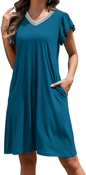 Women Summer Dresses 2025 Ruffle Sleeve Casual Sundress Color Block V Neck Coverup Mini Beach Dress with Pockets
