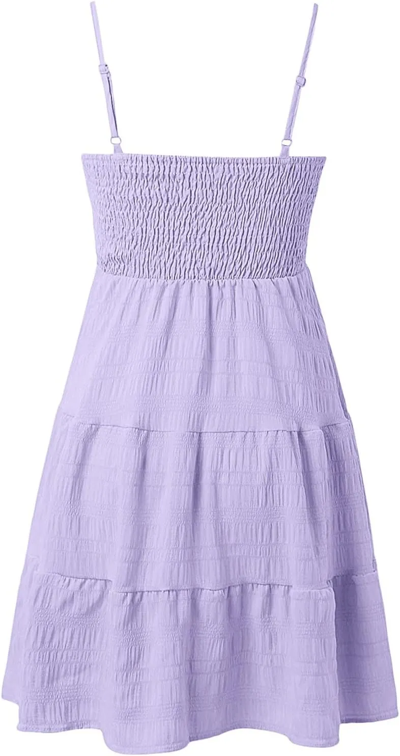 Women Summer Dresses Casual Boho Smocked Ruffles Babydoll Beach Mini Sundress Sleeveless Layered Flowy Swing Dress