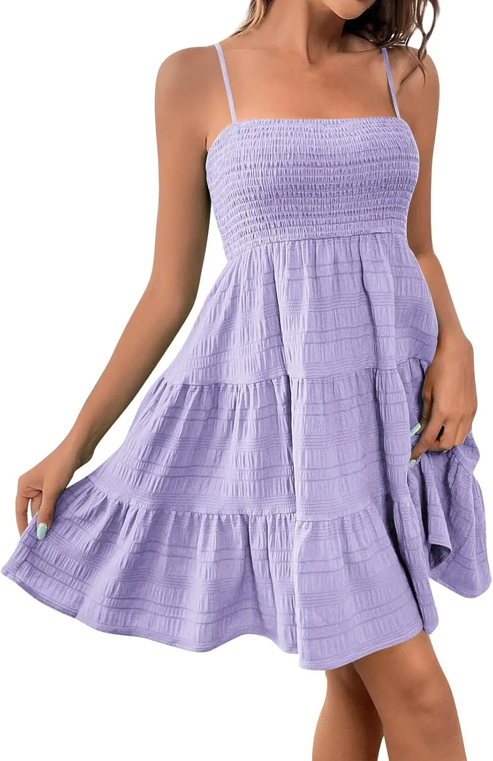 Women Summer Dresses Casual Boho Smocked Ruffles Babydoll Beach Mini Sundress Sleeveless Layered Flowy Swing Dress