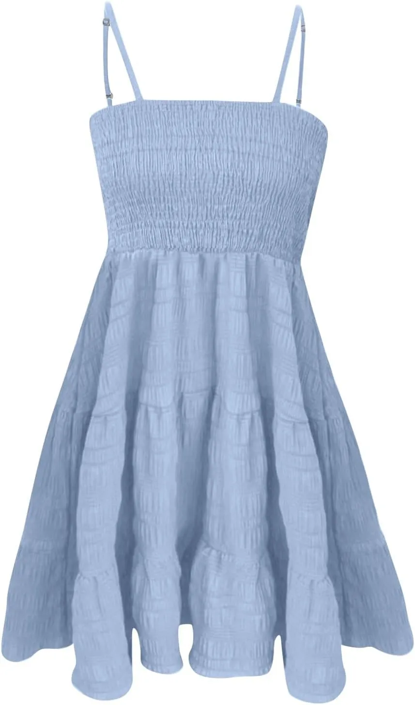 Women Summer Dresses Casual Boho Smocked Ruffles Babydoll Beach Mini Sundress Sleeveless Layered Flowy Swing Dress