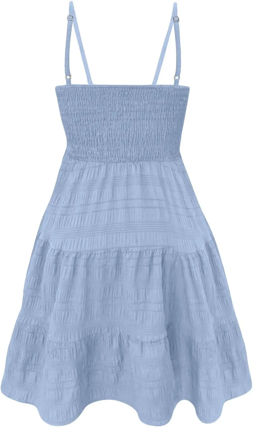 Women Summer Dresses Casual Boho Smocked Ruffles Babydoll Beach Mini Sundress Sleeveless Layered Flowy Swing Dress