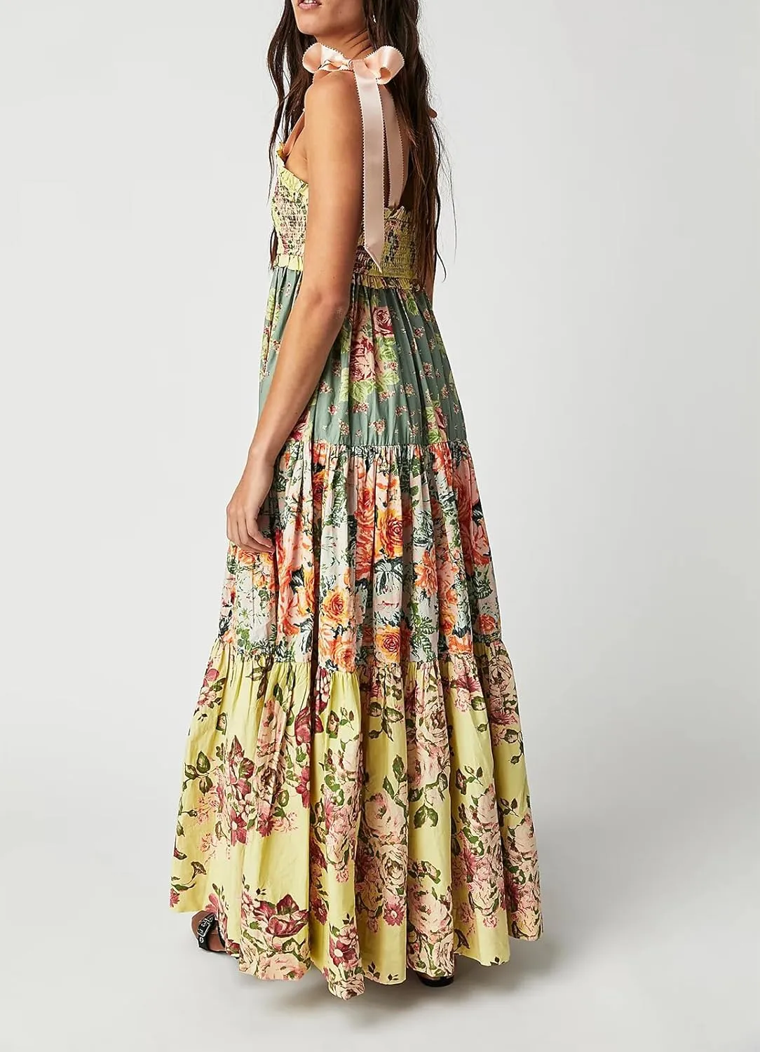 Women Summer Dresses Flowy Smocked Maxi Dress Sleeveless Tie Shoulder Boho Dresses Y2K Floral Beach Sundresses