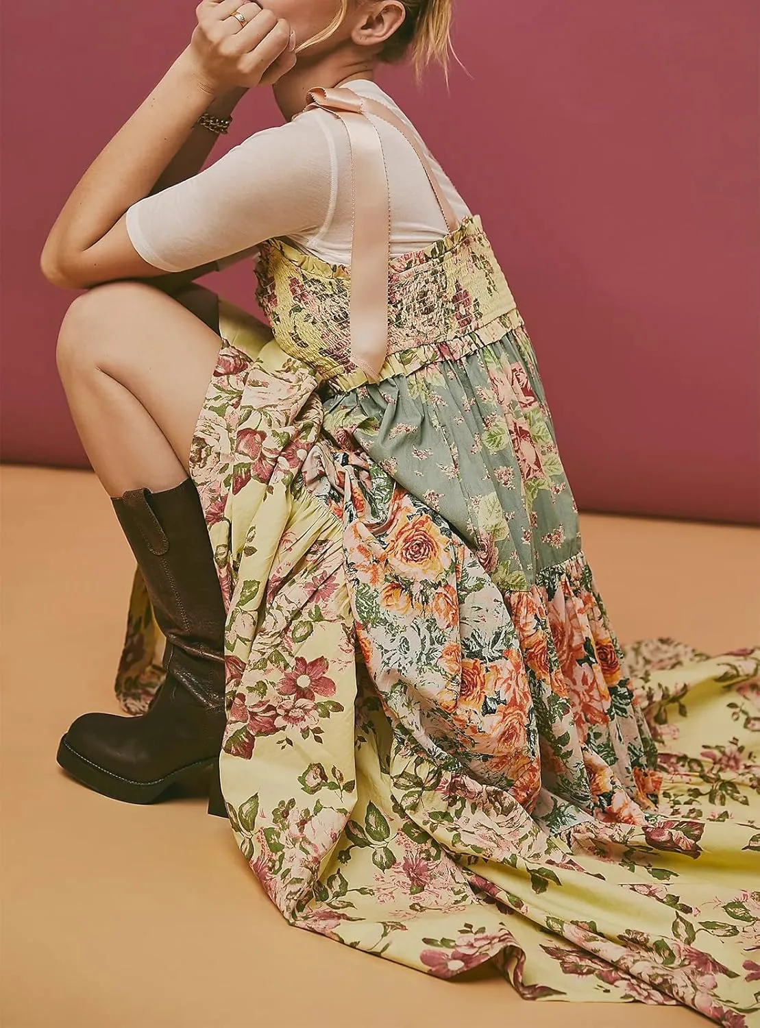 Women Summer Dresses Flowy Smocked Maxi Dress Sleeveless Tie Shoulder Boho Dresses Y2K Floral Beach Sundresses