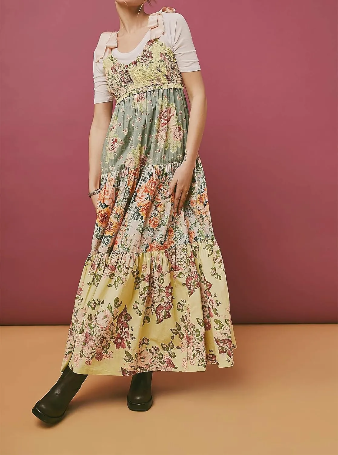 Women Summer Dresses Flowy Smocked Maxi Dress Sleeveless Tie Shoulder Boho Dresses Y2K Floral Beach Sundresses