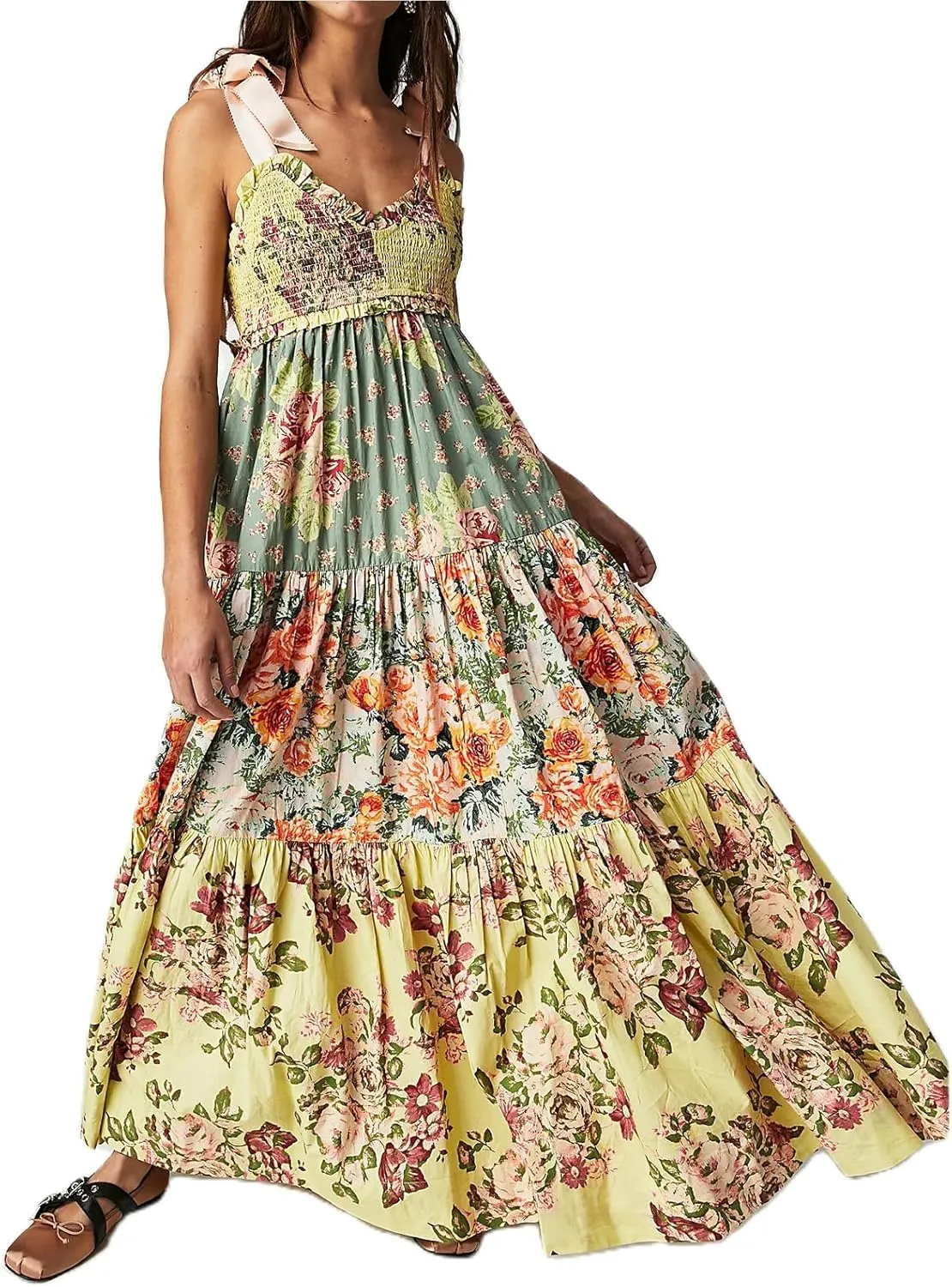 Women Summer Dresses Flowy Smocked Maxi Dress Sleeveless Tie Shoulder Boho Dresses Y2K Floral Beach Sundresses