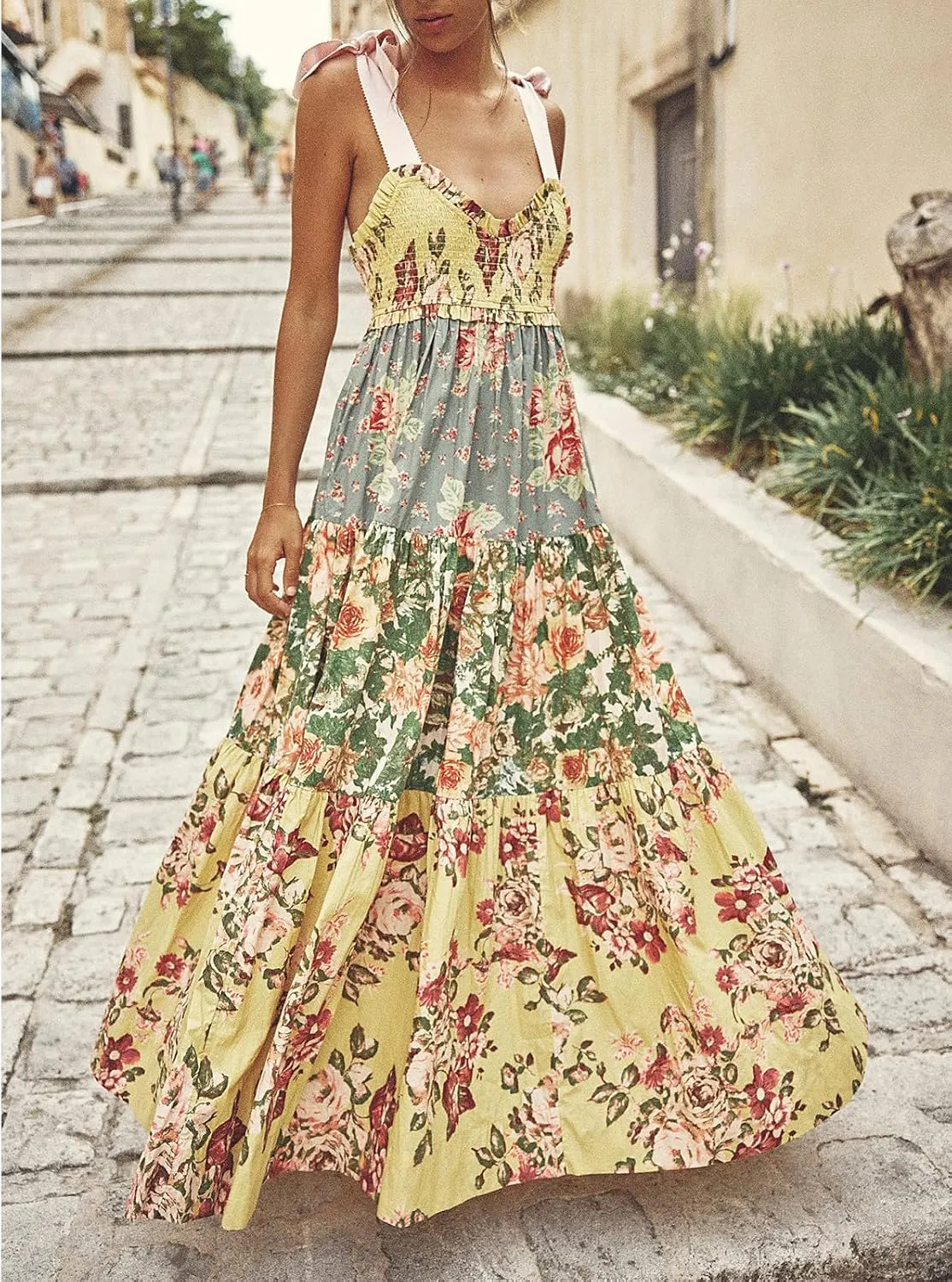 Women Summer Dresses Flowy Smocked Maxi Dress Sleeveless Tie Shoulder Boho Dresses Y2K Floral Beach Sundresses